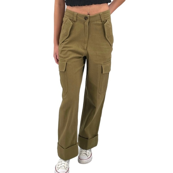H&M Cargo Pants Ankle Length Thick Cotton Twill Dark Khaki Green | 0 25" Waist - Picture 3 of 16
